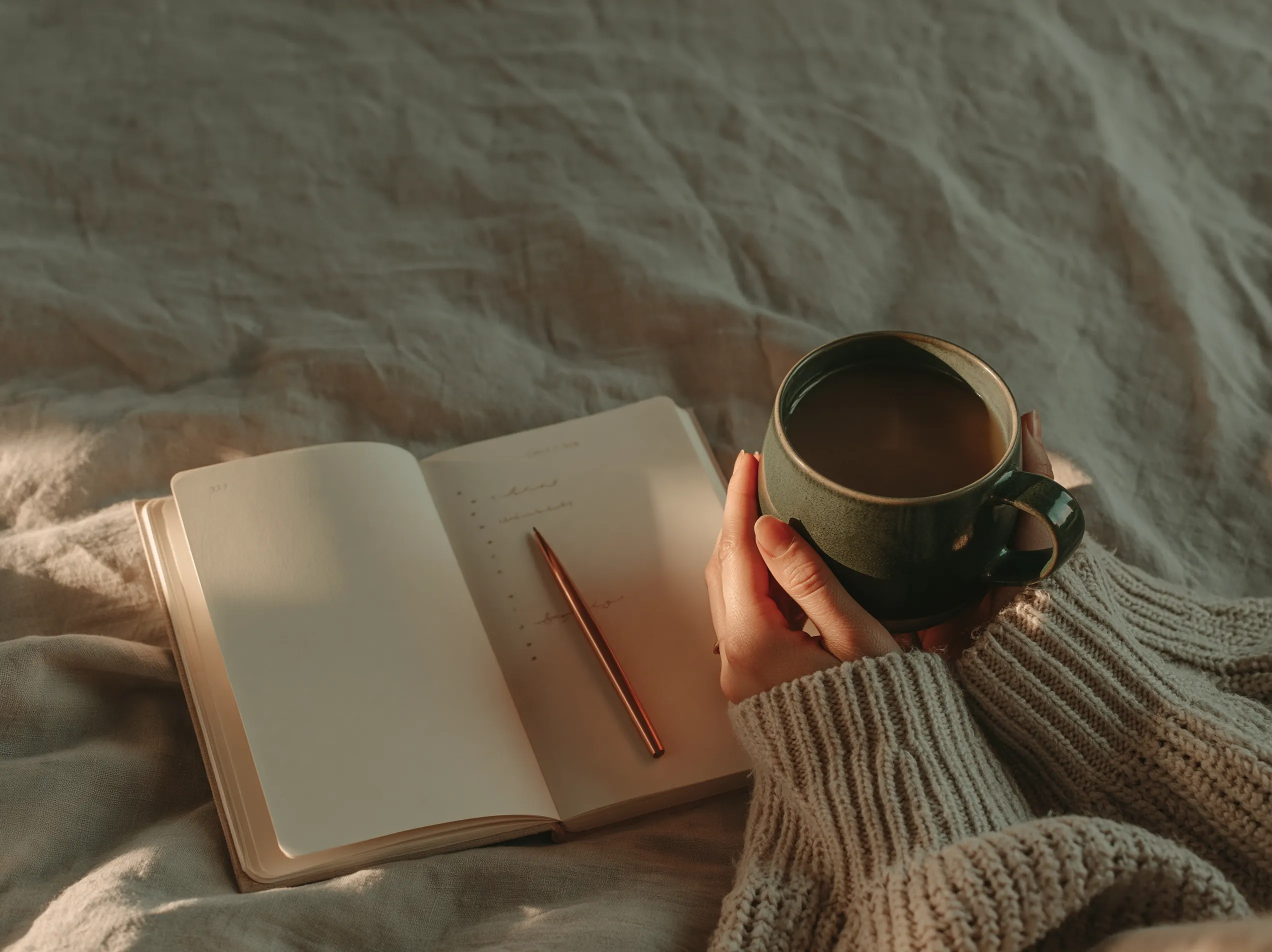 Hands cradling a forest-green mug beside an open journal