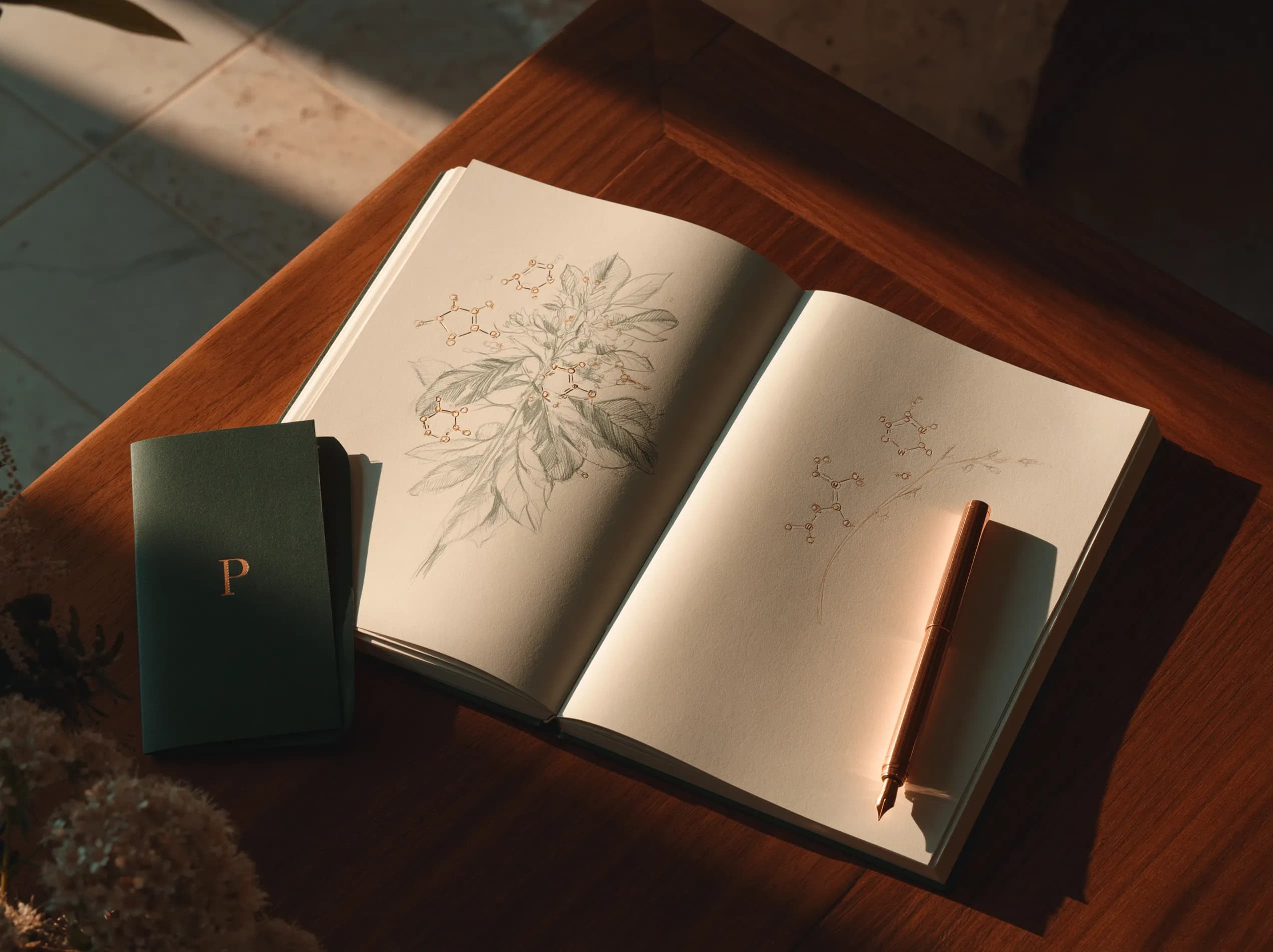 Open notebook with hand-drawn peptide molecular diagram and rose-brass pen