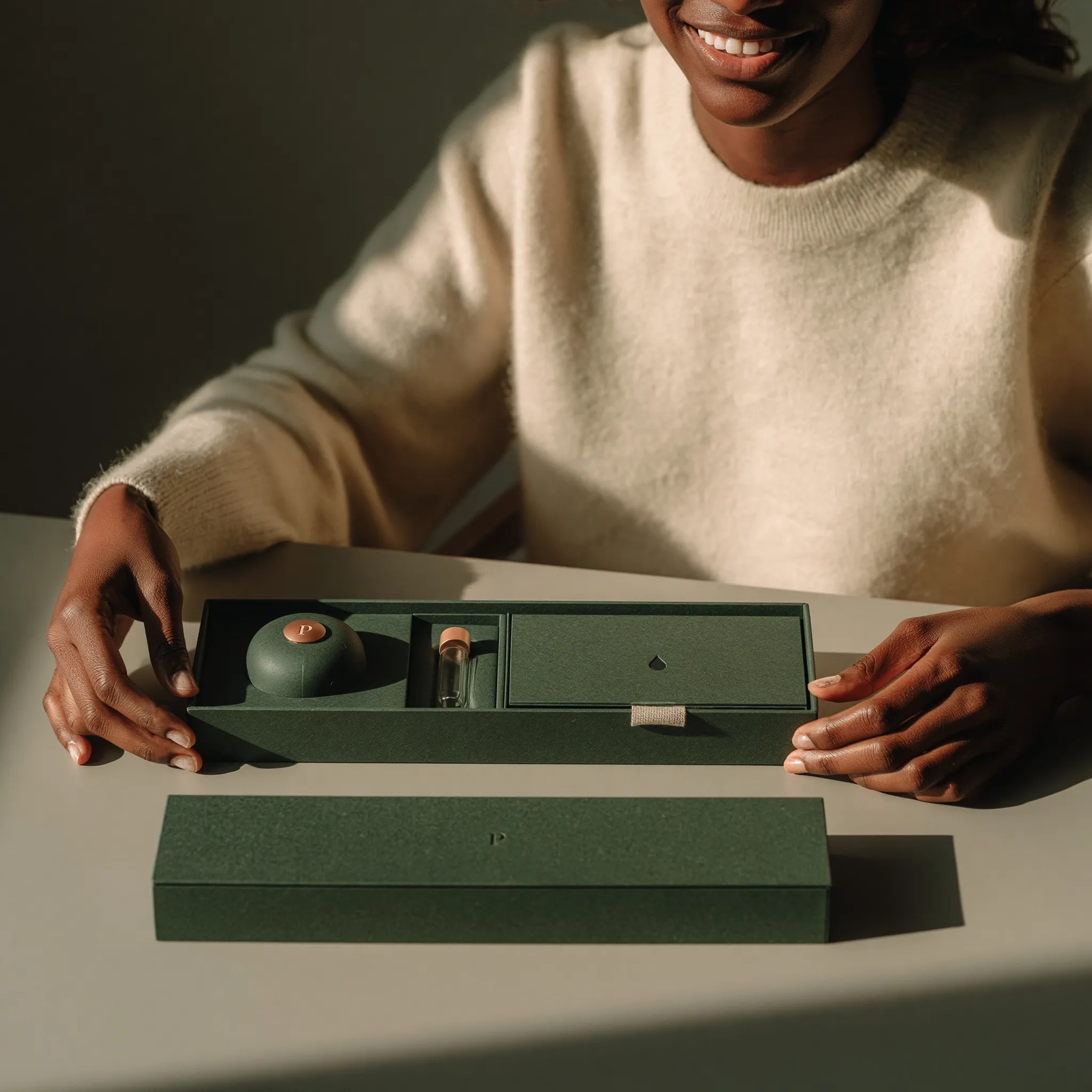 Forest-green Pep Club test kit box on a clean linen surface