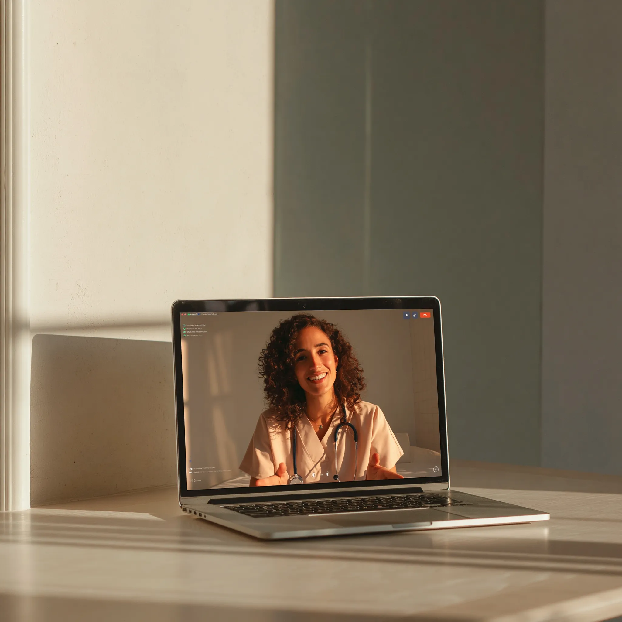 Doctor on a video call shown on a laptop screen