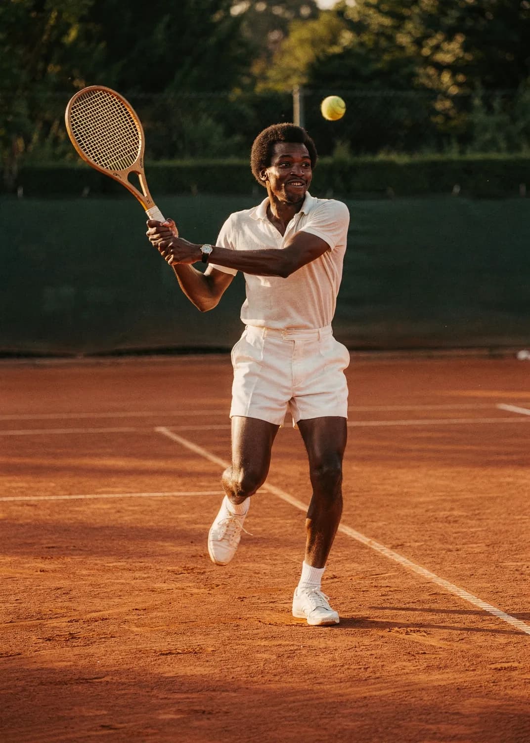 Club member mid-rally on a clay tennis court