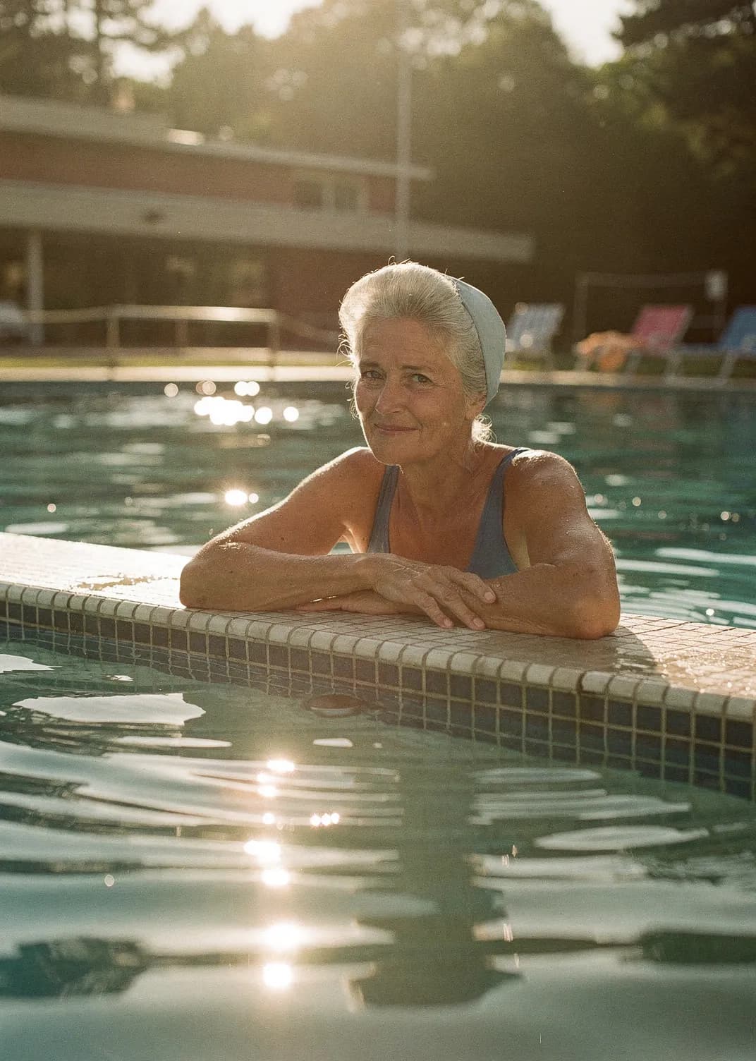 Swimmer resting at the edge of an outdoor pool