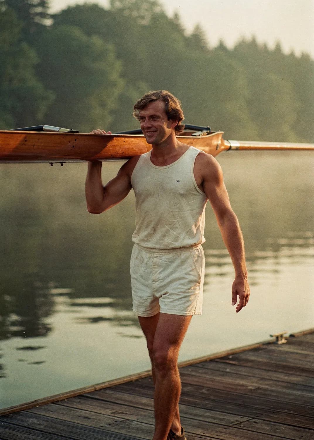 Rower carrying a shell to the water at dawn