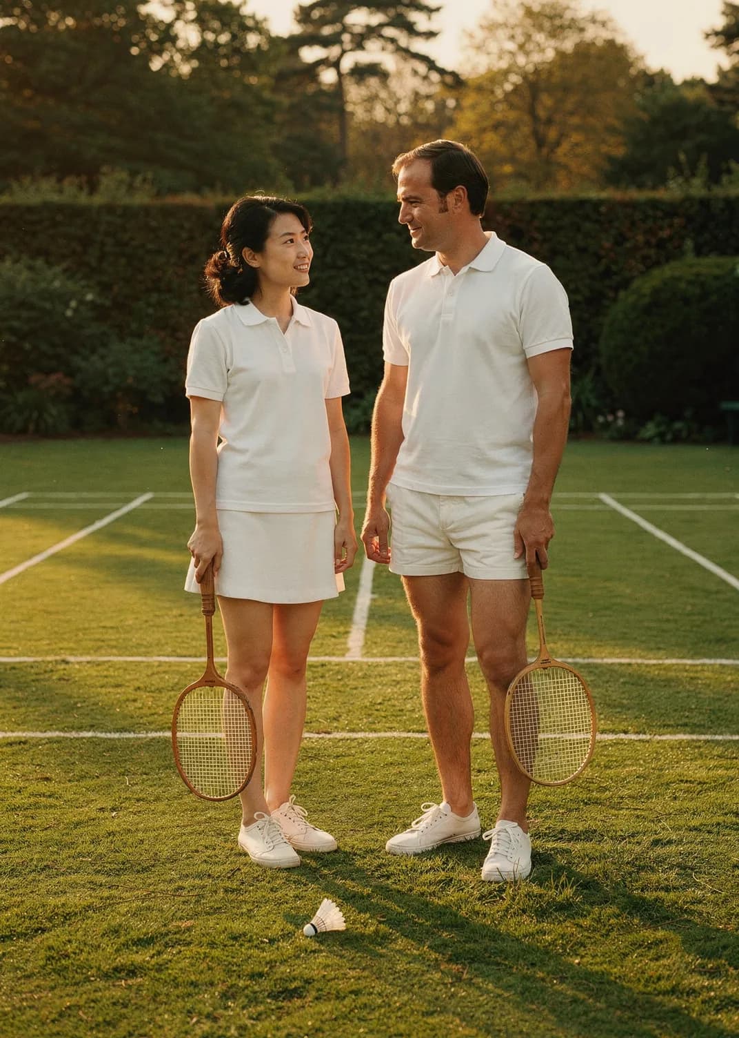 Badminton players between points on a lawn court