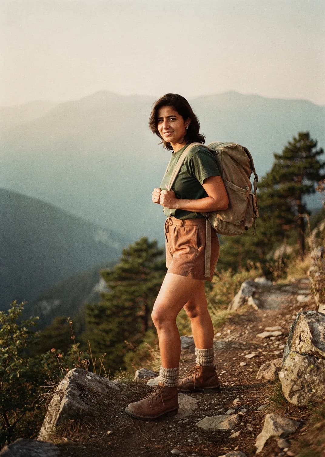 Hiker pausing on a ridge trail in morning light