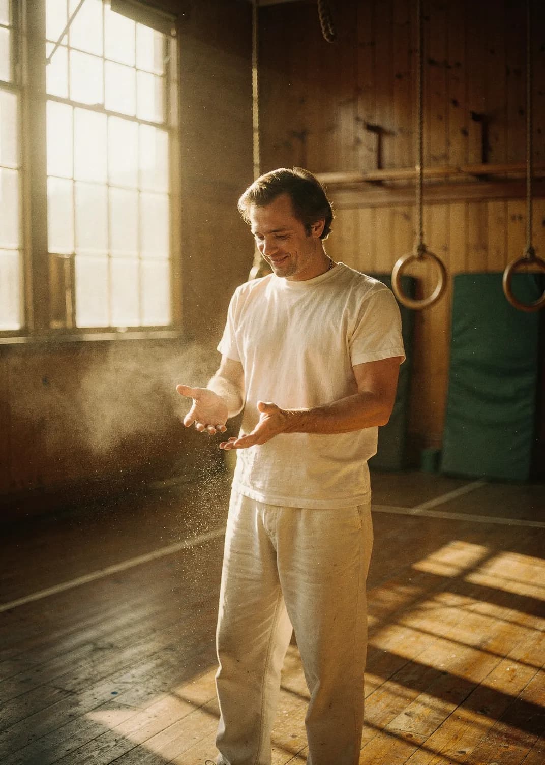 Climber chalking up in a vintage gymnasium